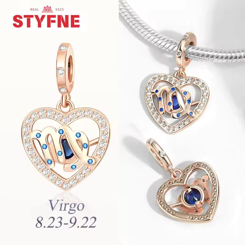 925 prata esterlina doze constelações coração encantos grânulo gemini capricórnio para pulseira original diy jóias presente para mulher