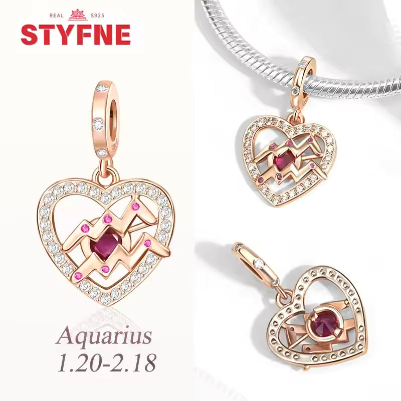 925 prata esterlina doze constelações coração encantos grânulo gemini capricórnio para pulseira original diy jóias presente para mulher