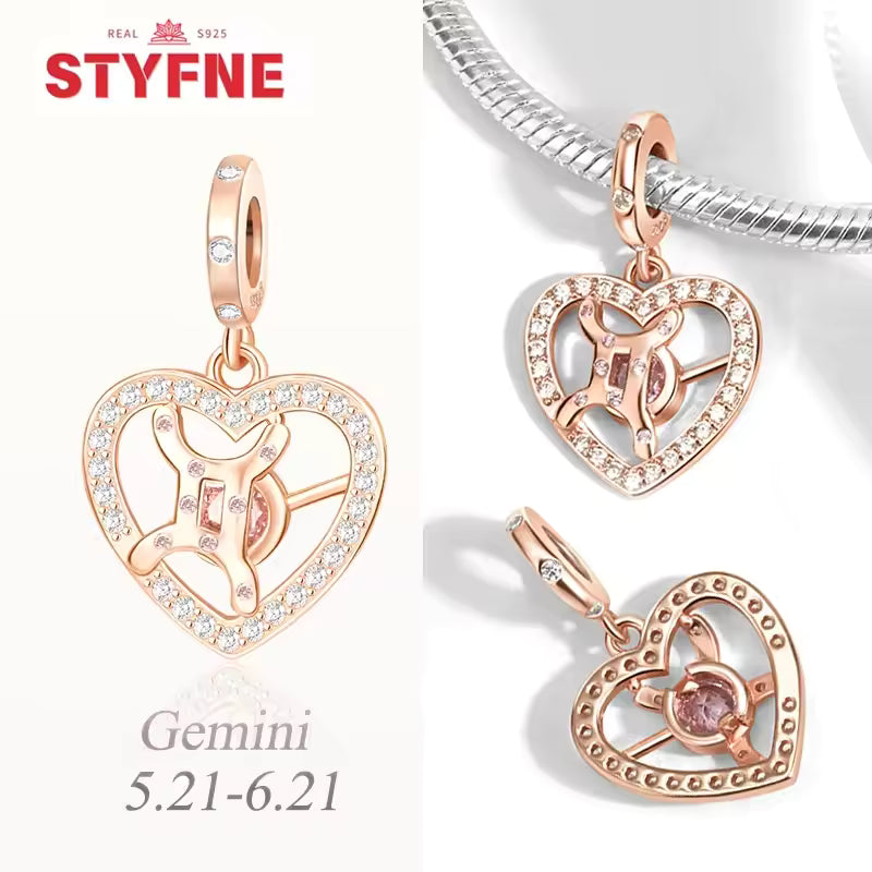 925 prata esterlina doze constelações coração encantos grânulo gemini capricórnio para pulseira original diy jóias presente para mulher