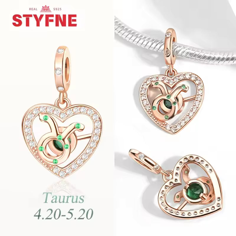 925 prata esterlina doze constelações coração encantos grânulo gemini capricórnio para pulseira original diy jóias presente para mulher