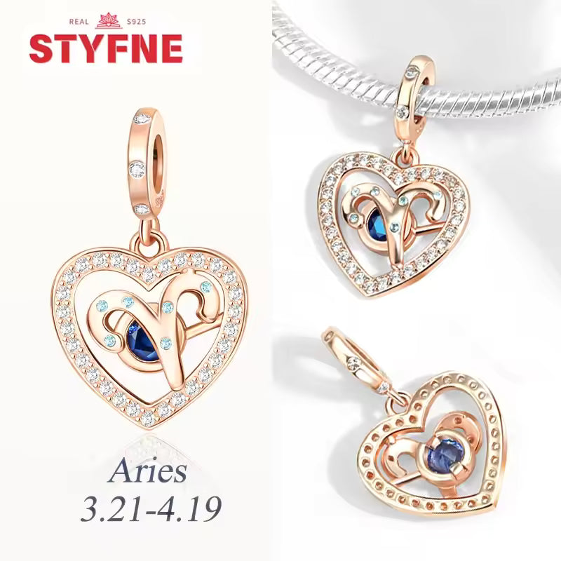 925 prata esterlina doze constelações coração encantos grânulo gemini capricórnio para pulseira original diy jóias presente para mulher